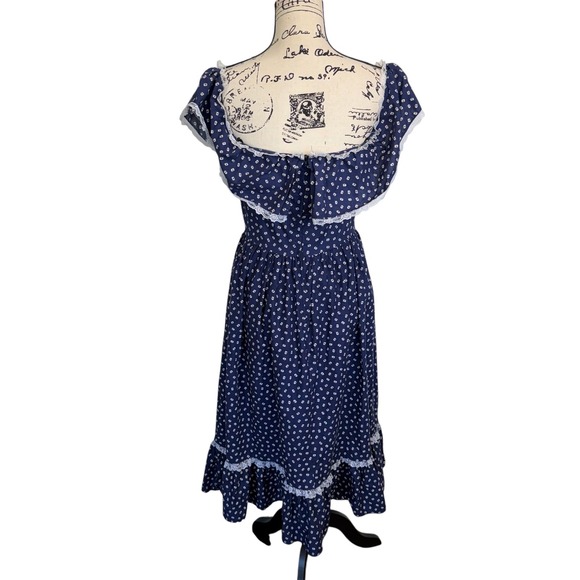 Vintage Berkertex Navy Floral Calico Print Cotton Prairie Lace Ruffle Dress 14 - Picture 5 of 12